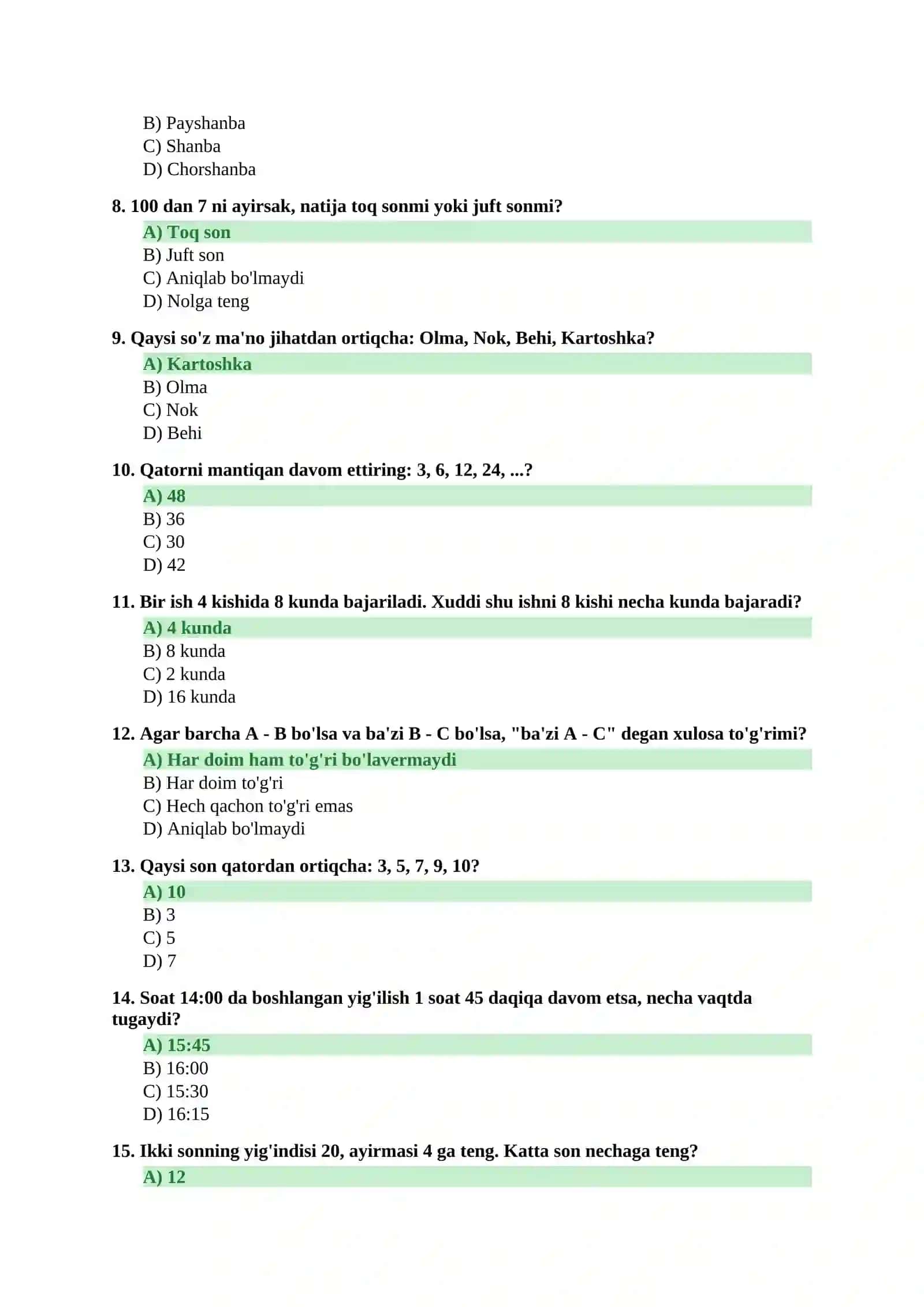 ARGOS test to'plami — Psixologik va Mantiqiy test (50 savol, javoblari bilan) 2