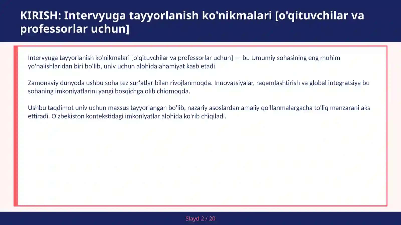Intervyuga tayyorlanish ko'nikmalari [o'qituvchilar va professorlar uchun] 2