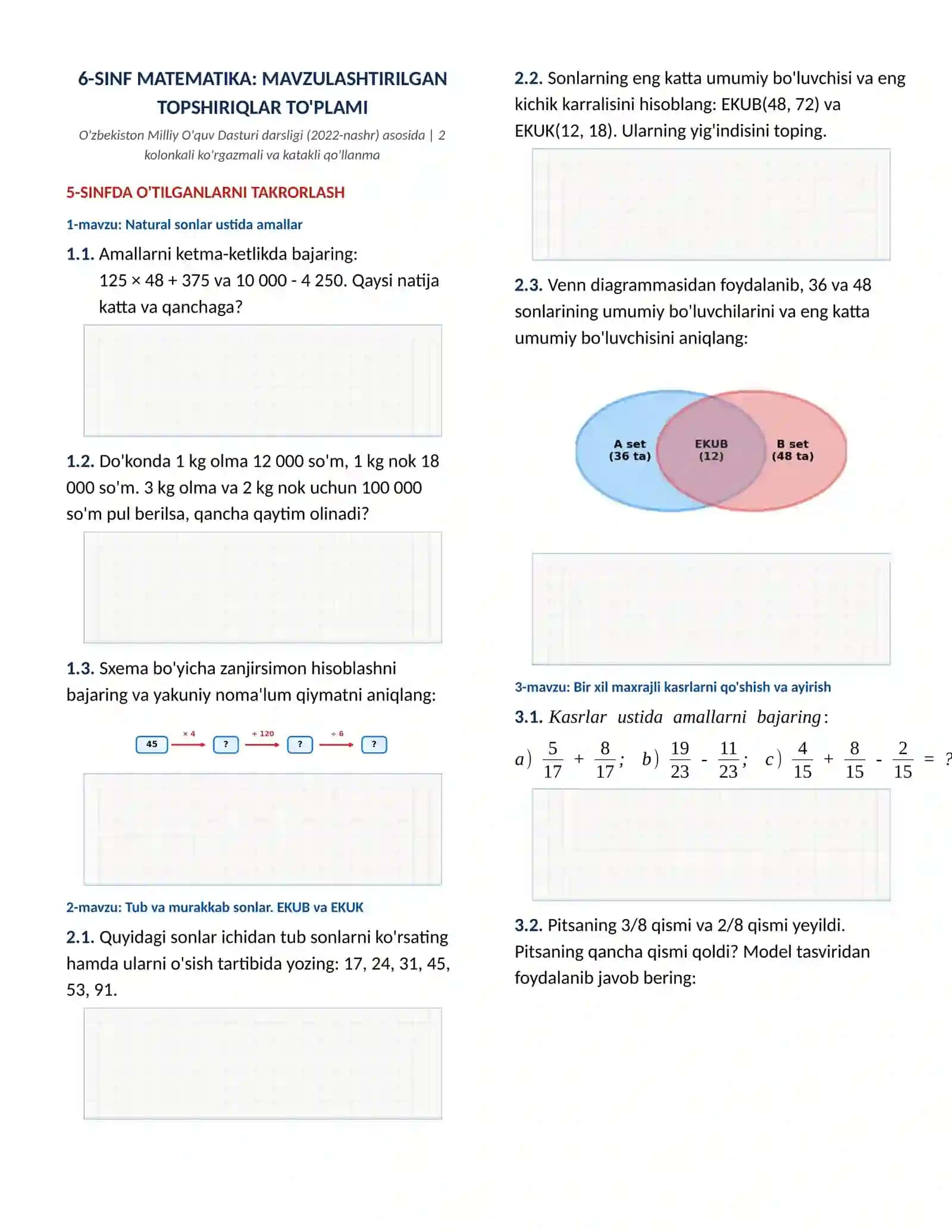 6-SINF MATEMATIKA: MAVZULASHTIRILGAN TOPSHIRIQLAR DAFTARI, YANGI DARSLIK ASOSIDA 2