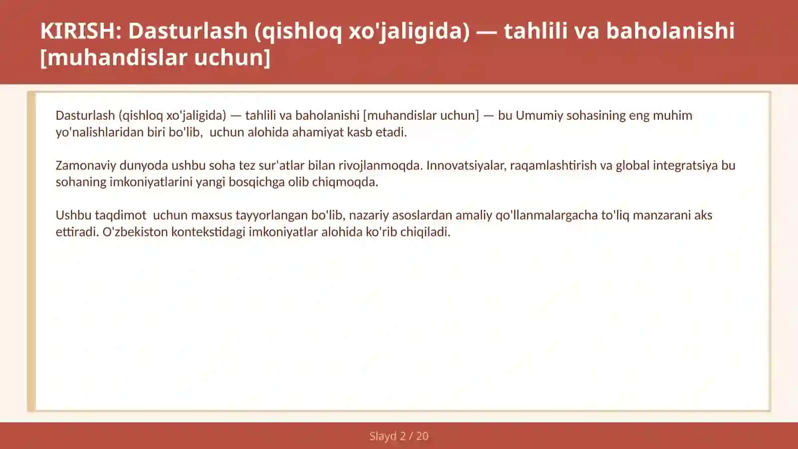 Dasturlash (qishloq xo'jaligida) — tahlili va baholanishi [muhandislar uchun] 2