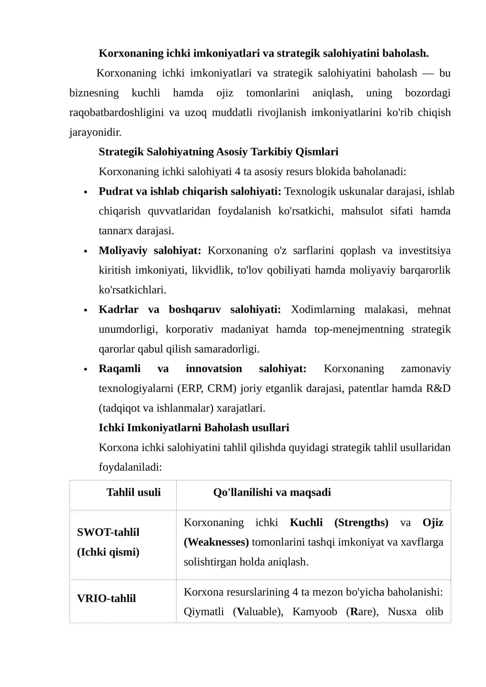 Korxonaning ichki imkoniyatlari va strategik salohiyatini baholash 2