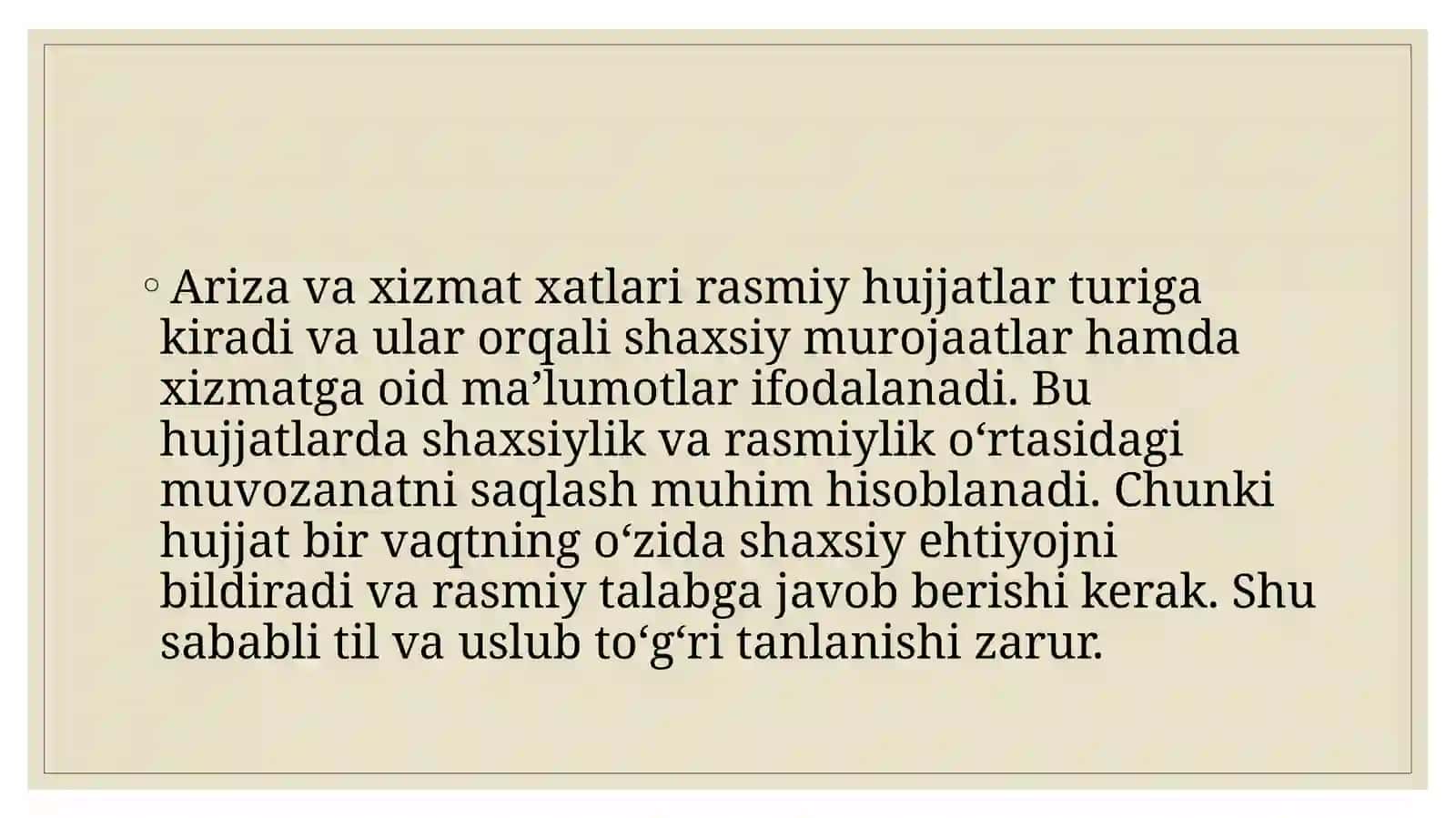 Ariza va xizmat xatlarida shaxsiylik va rasmiylik muvozanati 2