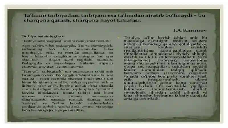 Shaxsning rivojlanishi, tarbiyasi va ijtimoiylashuvi.                        Reja: 1.Shaxsning rivojlanishi 2.Tarbiyalash  3.Ijtimoiylashuv 4.Shaxsning rivojlanishiga ta’sir qiluvchi omillar  5.Tarbiyaning asosiy vazifasi 2
