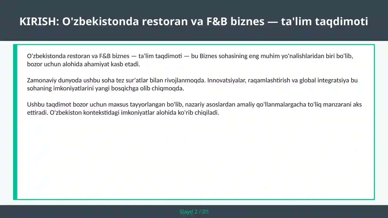 O'zbekistonda Restoran va F&B Biznes — Ta'lim Taqdimoti 2