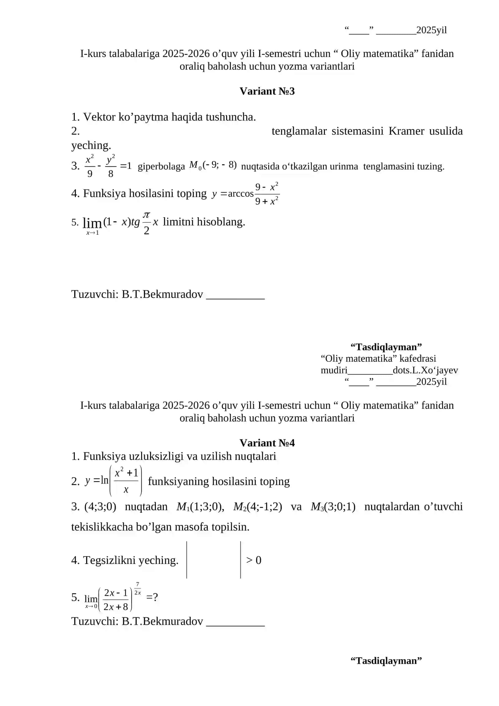 Oliy matematika fanidan oraliq baholash variantlari 2