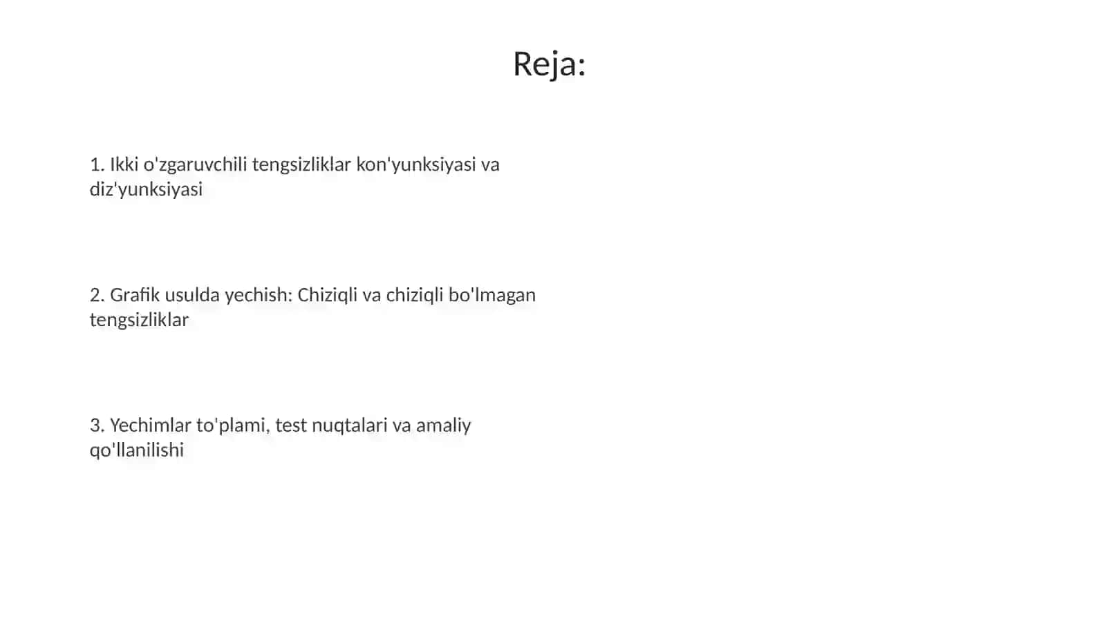 Ikki o'zgaruvchili tengsizliklarning konyunksiyasi va dizyunksiyasi. Ularni grafik usulda yechish 2