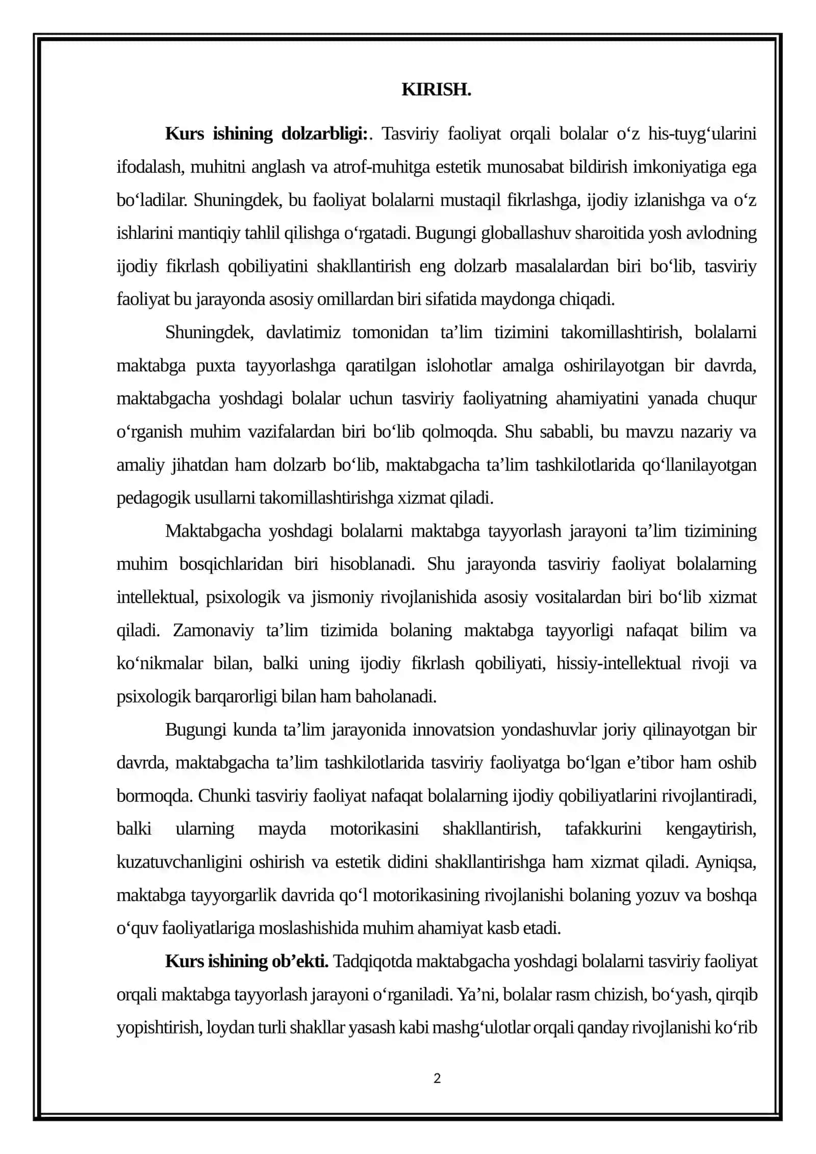 TASVIRIY FAOLIYAT MASHG‘ULOTLARIDA BOLANI MAKTABGA TAYYORLASH 2