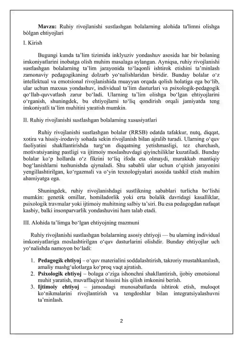 Ruhiy rivojlanishi sustlashgan bolalarning alohida ta'limni olishga bòlgan ehtiyojlari 2