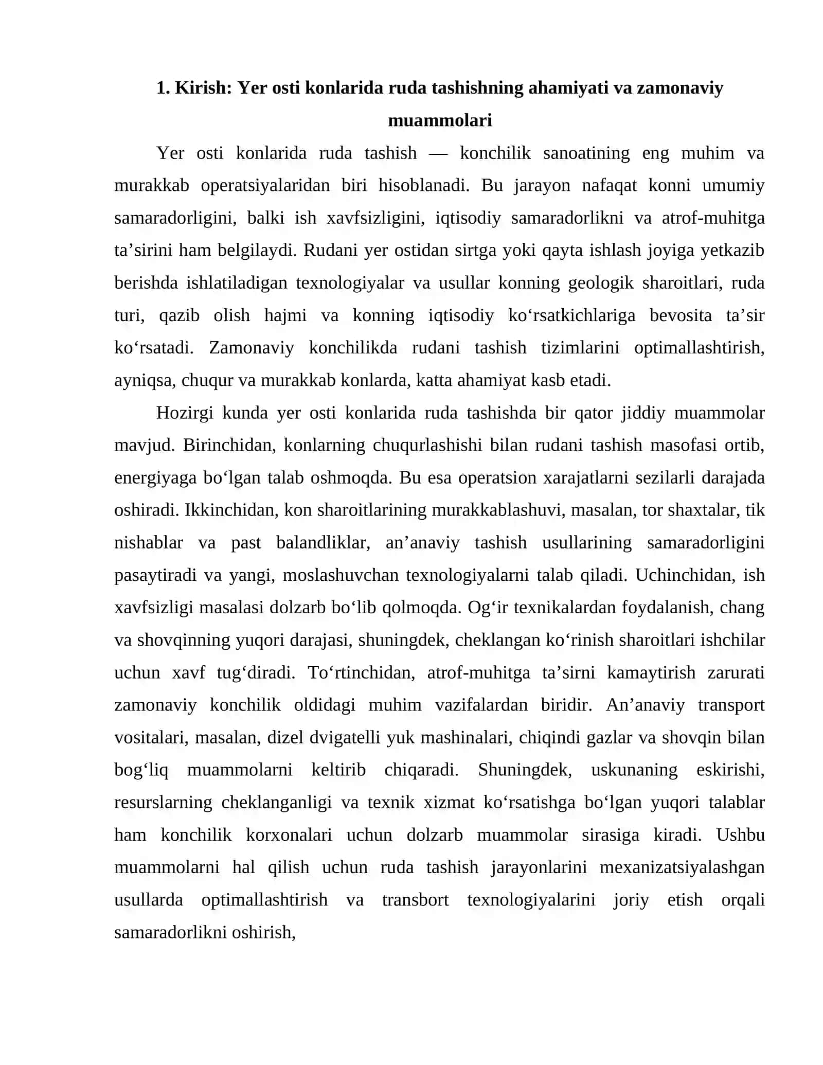 Yer Ostida Rudani Mexanizatsiyalashgan Usulda Yetkazib Berish va Transbort Yordamida Tashish 2
