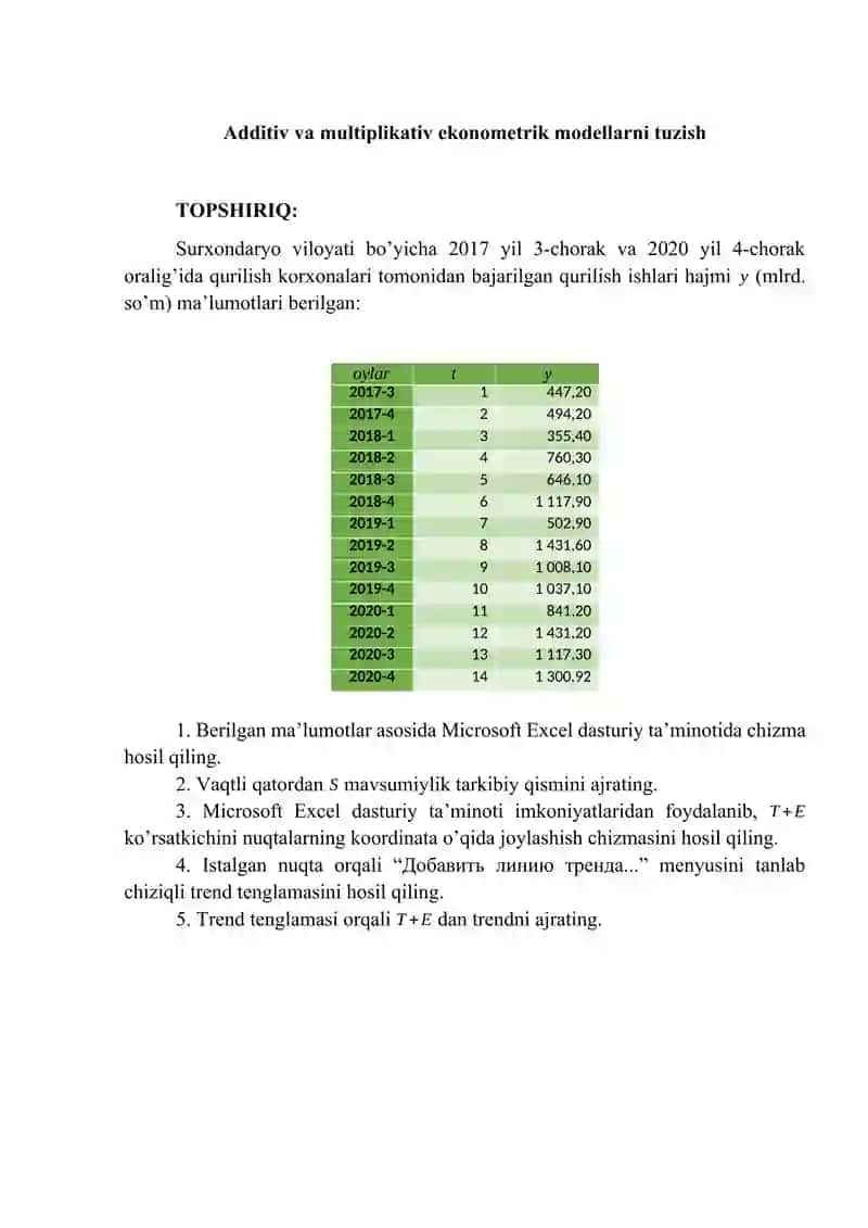 Additiv va multiplikativ ekonometrik modellarni tuzish 2