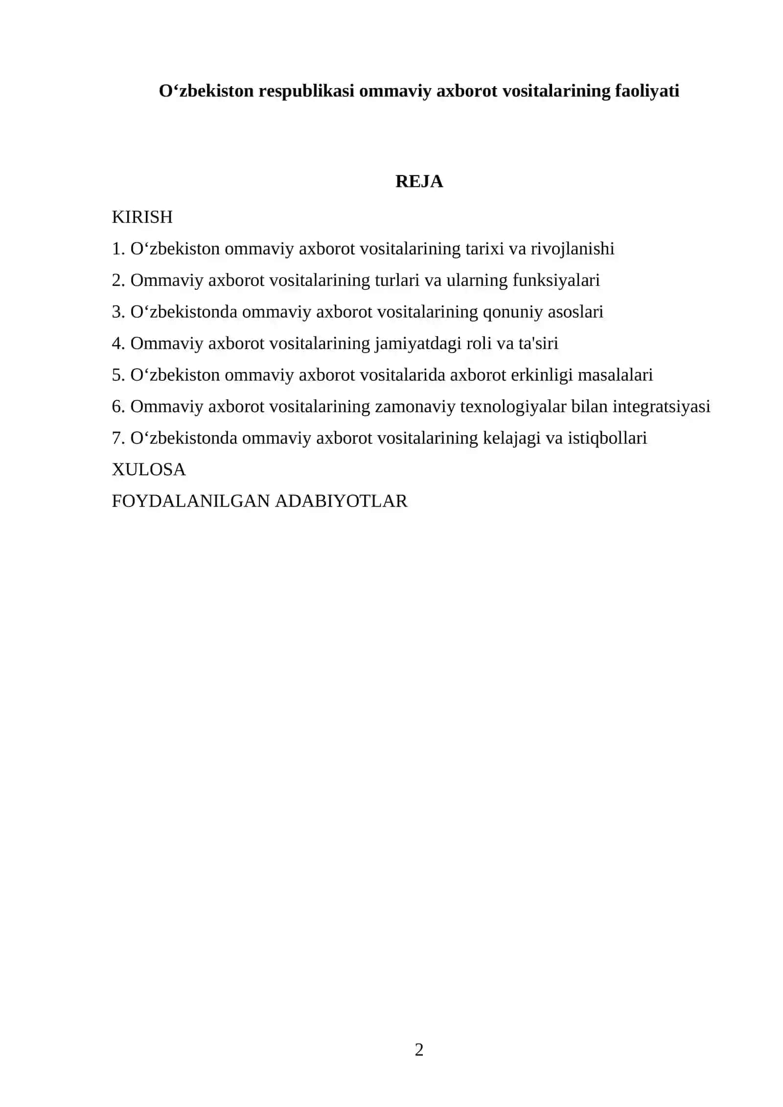 Oʻzbekistonning ENG YANGI TARIXI FANIDAN TAYYORLAGAN REFERATI 2