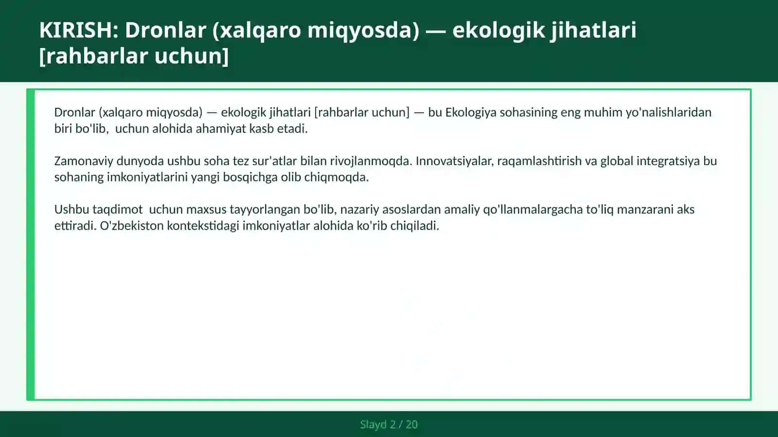 DRONLAR (XALQARO MIQYOSDA) — EKOLOGIK JIHATLARI [RAHBARLAR UCHUN] 2