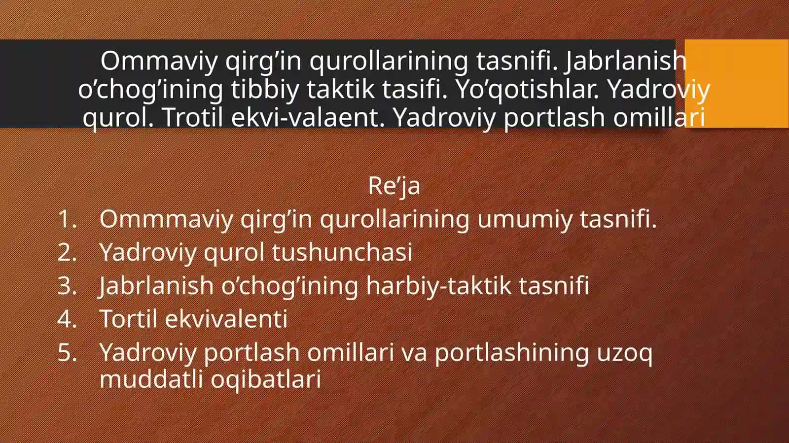Ommaviy qirg’in qurollarining tasnifi. Jabrlanish o’chog’ining tibbiy taktik tasifi. Yo’qotishlar. Y 2