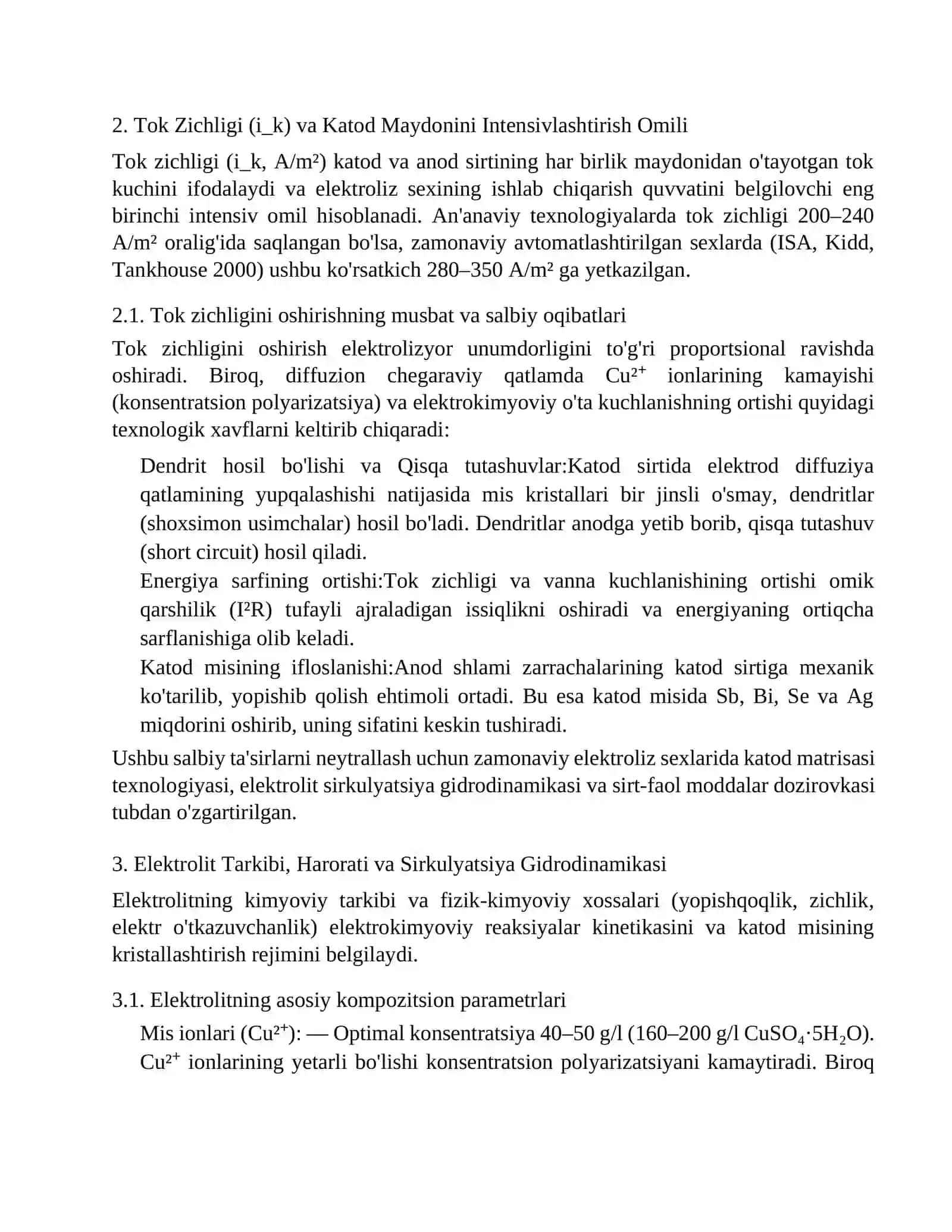 Mis elektrolizi ko‘rsatkichlari 2