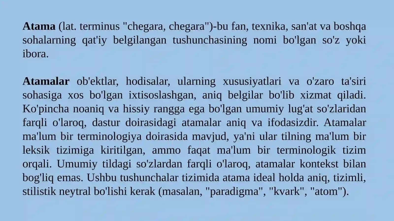 Til va terminologiya. Men tanlagan sohada oʻzbek tilining oʻrni. 2