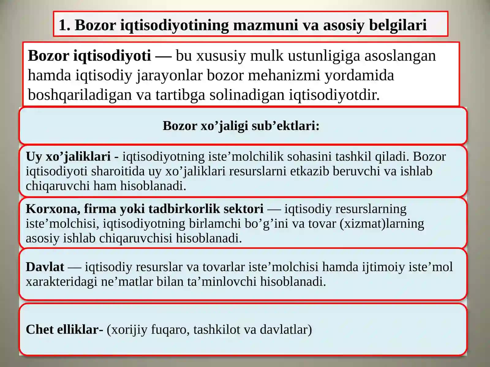 Bozor iqtisodiyoti va uni vujudga kelishi. Bozor iqtisodiyotining asosiy belgilari 2