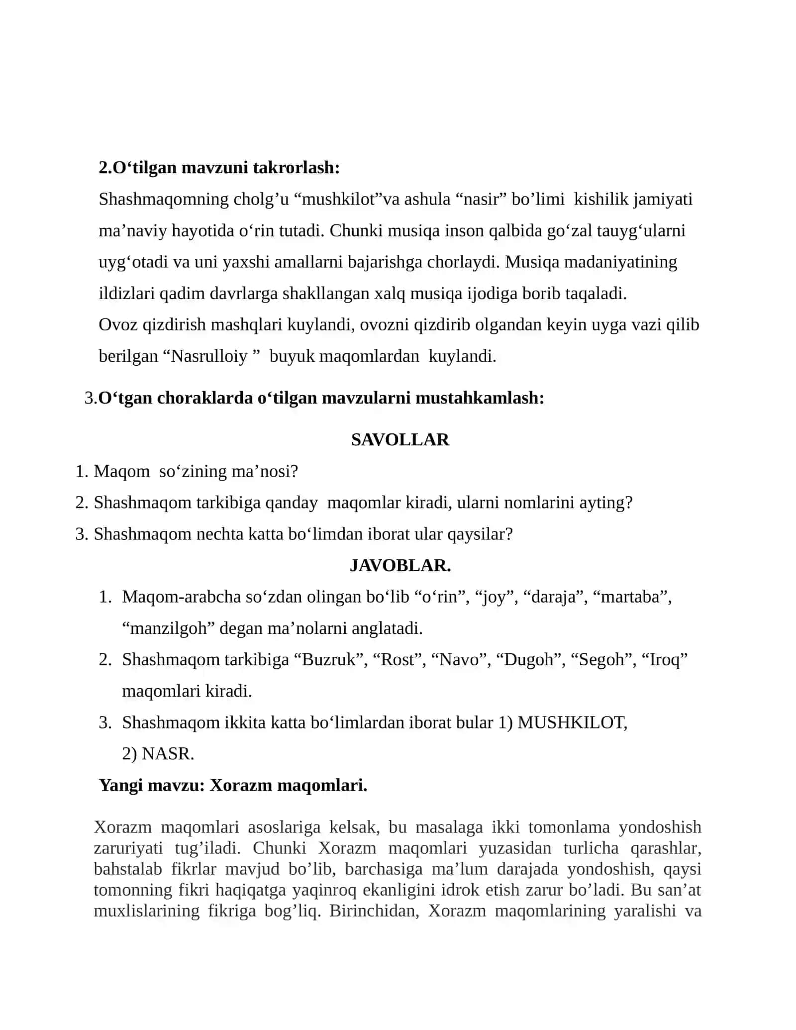 “XORAZM MAQOMLARI” MAVZUSIDAGI DARS ISHLANMASI 2