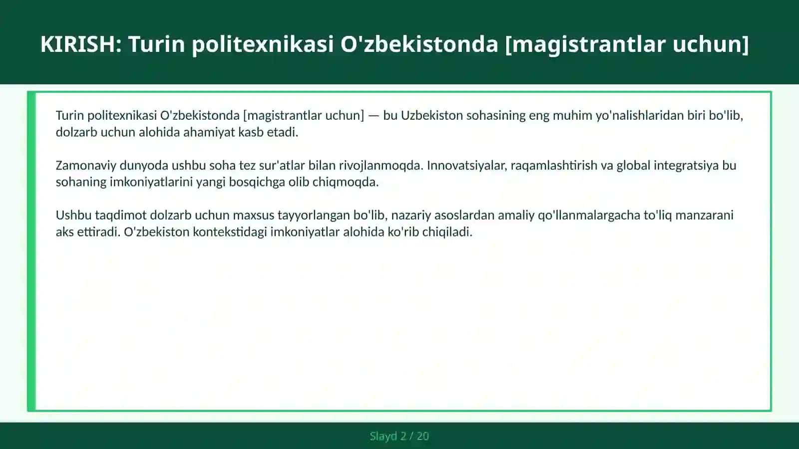Turin politexnikasi O'zbekistonda [magistrantlar uchun] 2