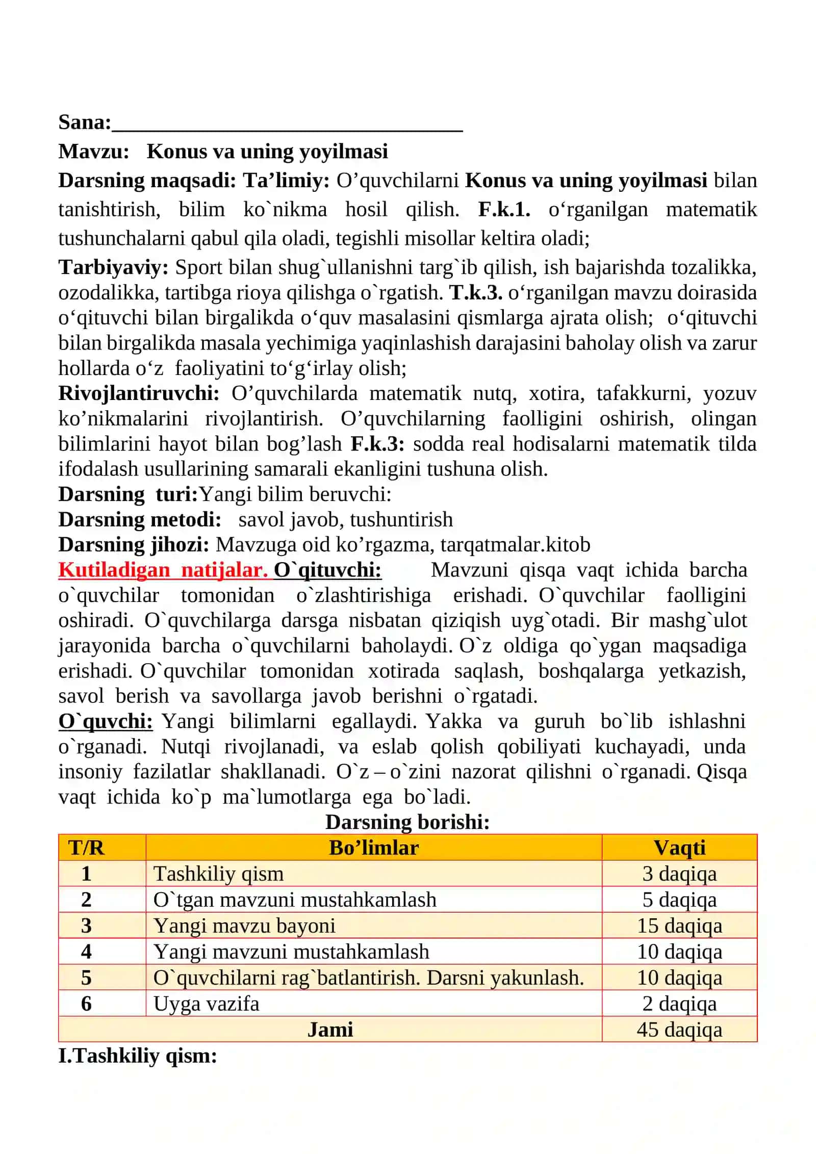 Konus va uning yoyilmasi mavzusida 4-sinf Matematika fanidan dars ishlanmasi 2