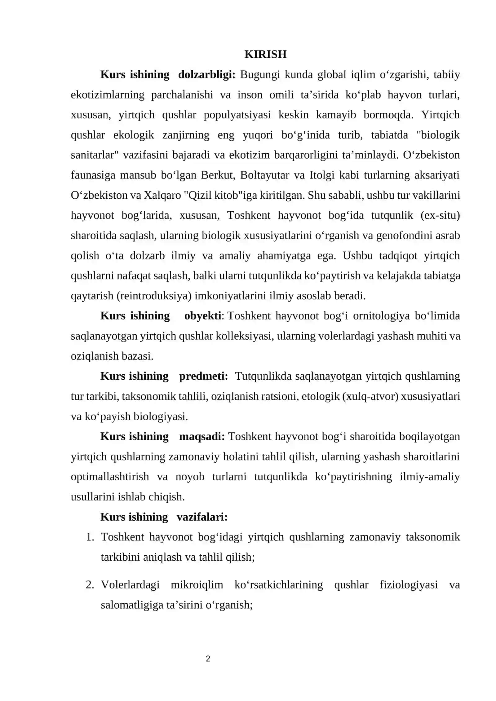 Tutqunlikda saqlanayotgan yirtqich qushlarning tur tarkibi, taksonomik tahlili 2