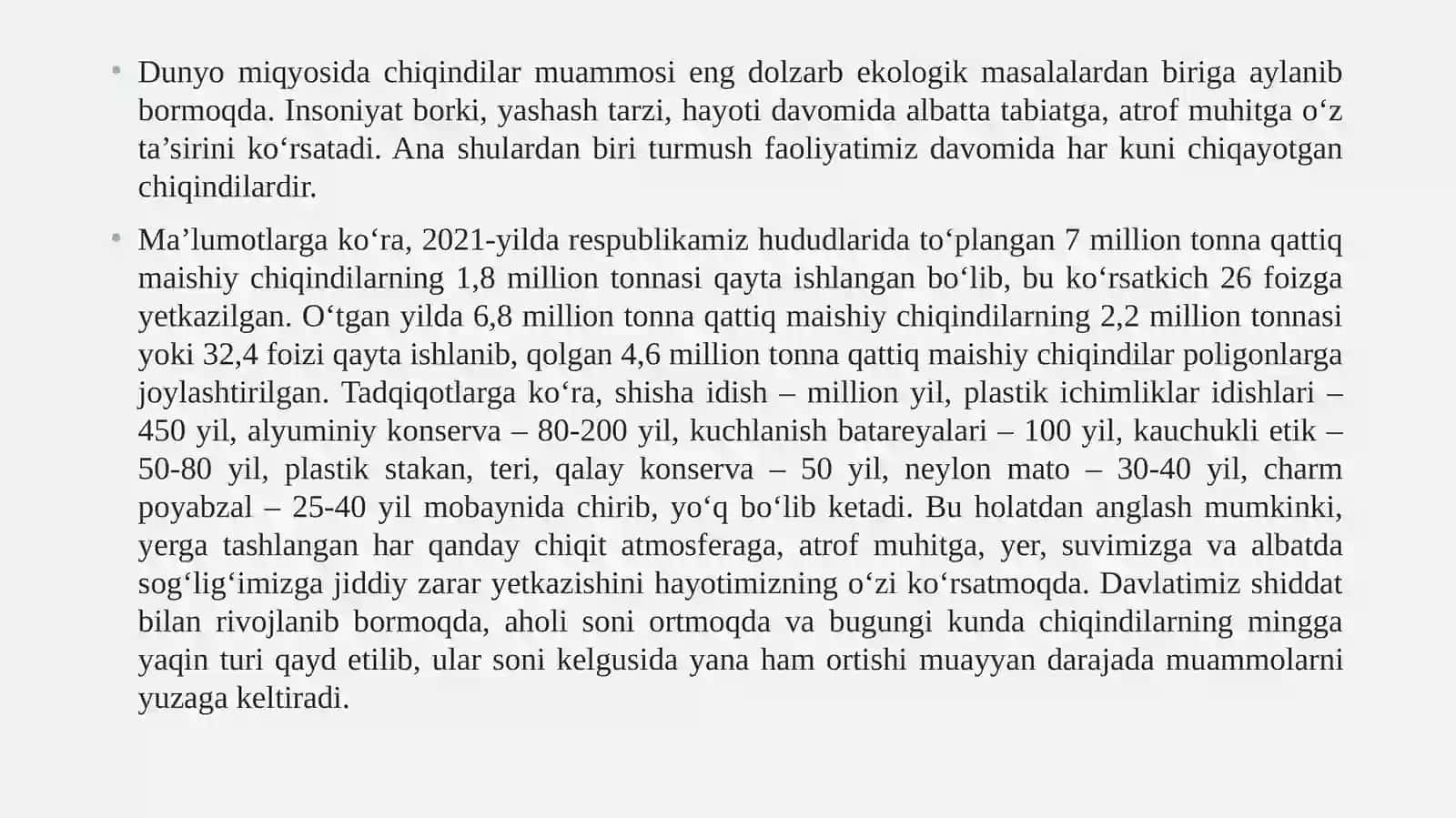 Shahar maishiy va qattiq chiqindilari utilizatsiyasi va ikkilamchi mahsulotlar olish 2