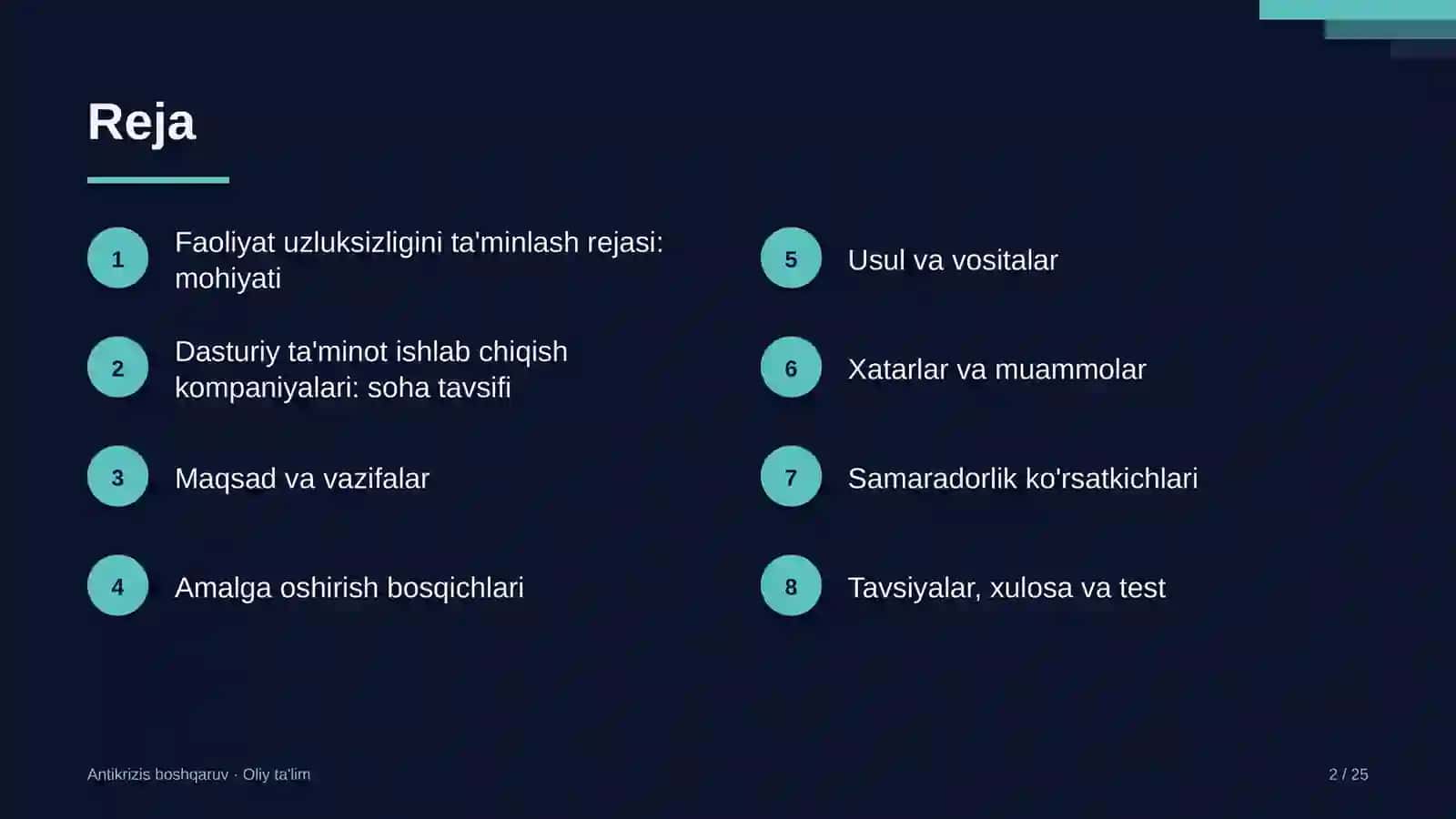 dasturiy ta'minot ishlab chiqish kompaniyalarida faoliyat uzluksizligini ta'minlash rejasi 1201 2