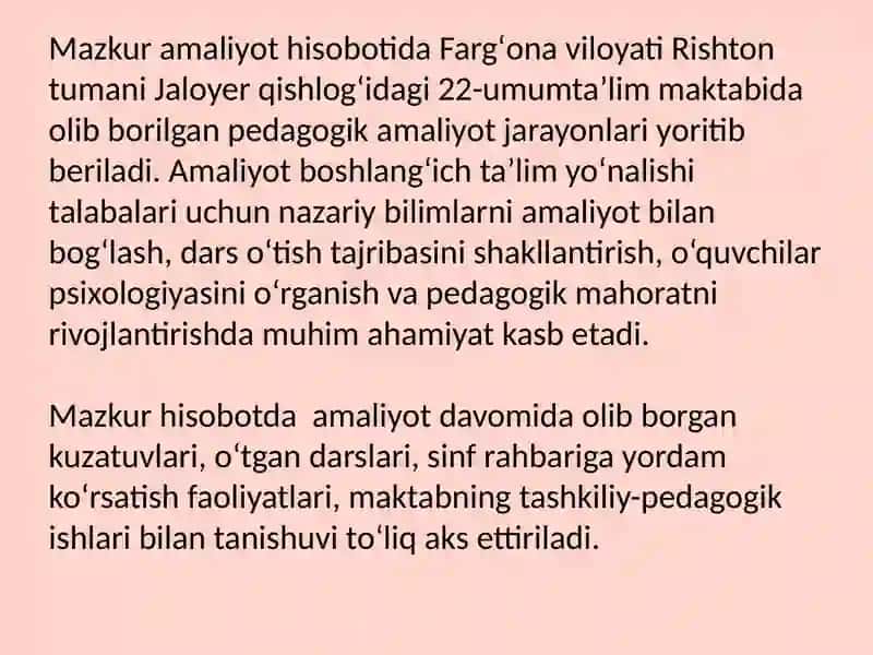 Fargʻona viloyati Rishton tumani Jaloyer qishlogʻidagi 22-umumtaʼlim maktabidagi AMALIYOT HISOBOTI 2