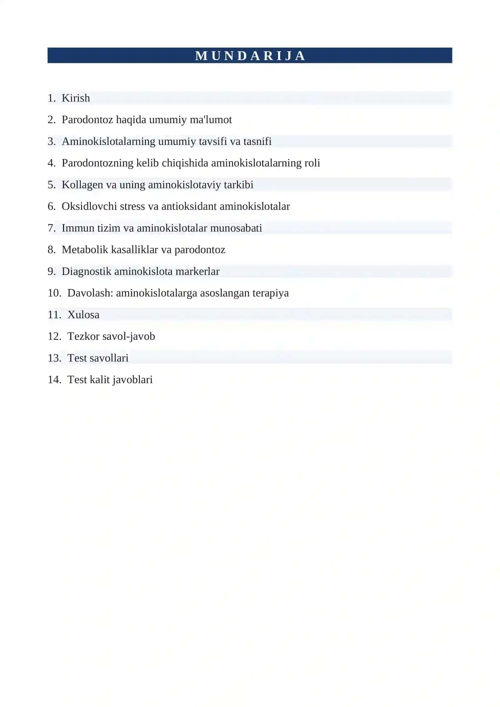 PARODONTOZ KASALLIGINI KELIB CHIQISHIDA VA RIVOJLANISHIDA AMINOKISLOTALARNING O'RNI MUSTAQIL ISH 2