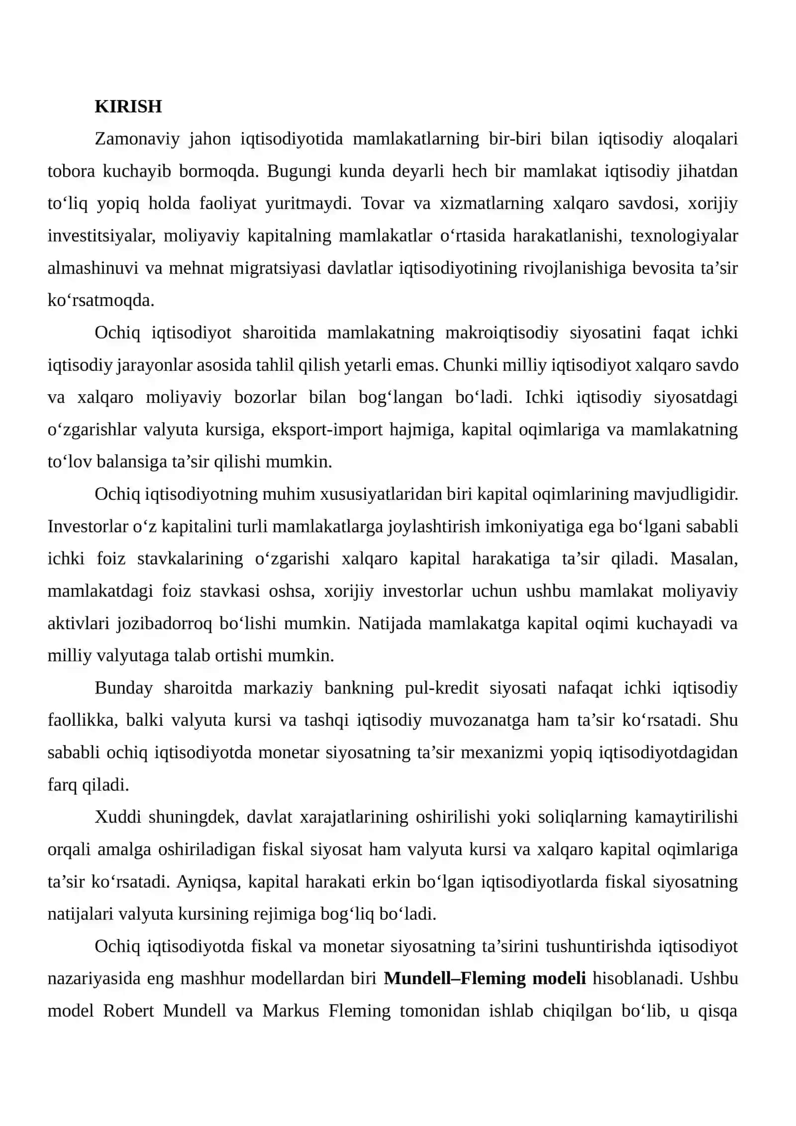 Ochiq iqtisodiyotda Makroiqtisodiy Siyosat: Xalqaro Savdo va Kapital Oqimlari bilan Bog‘liqli 2