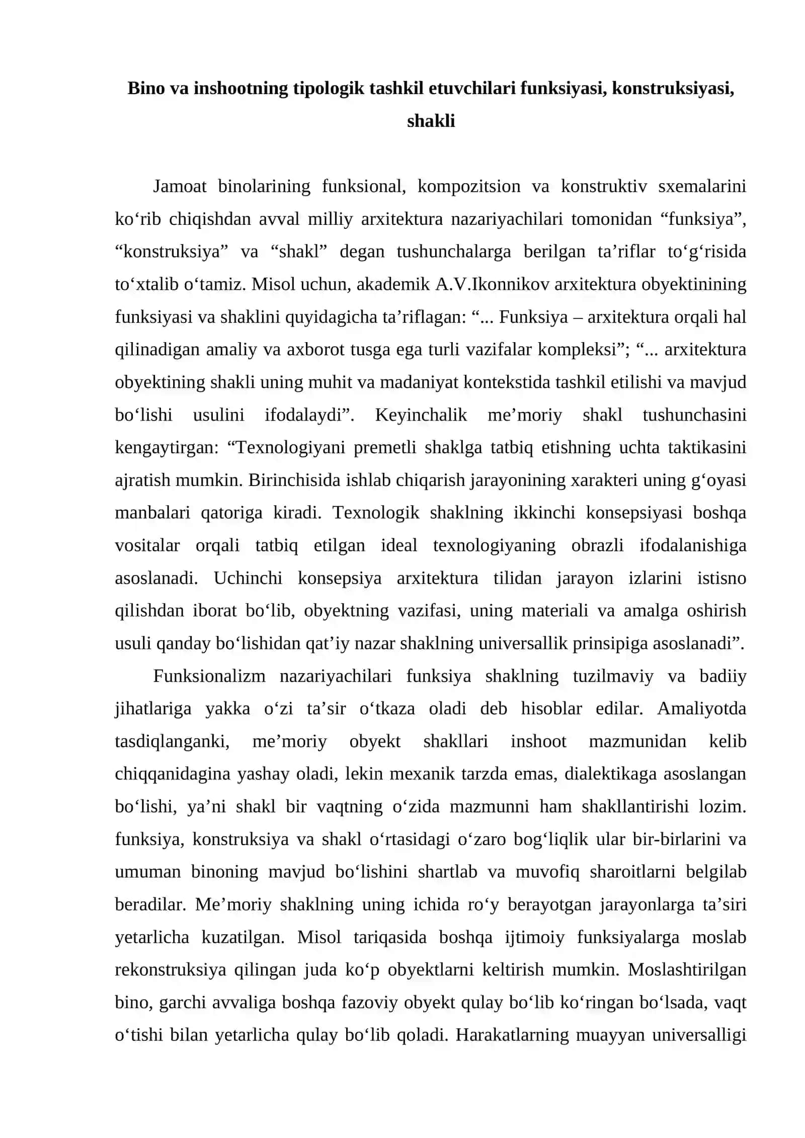 Bino va inshootning tipologik tashkil etuvchilari funksiyasi, konstruksiyasi, shakli 2