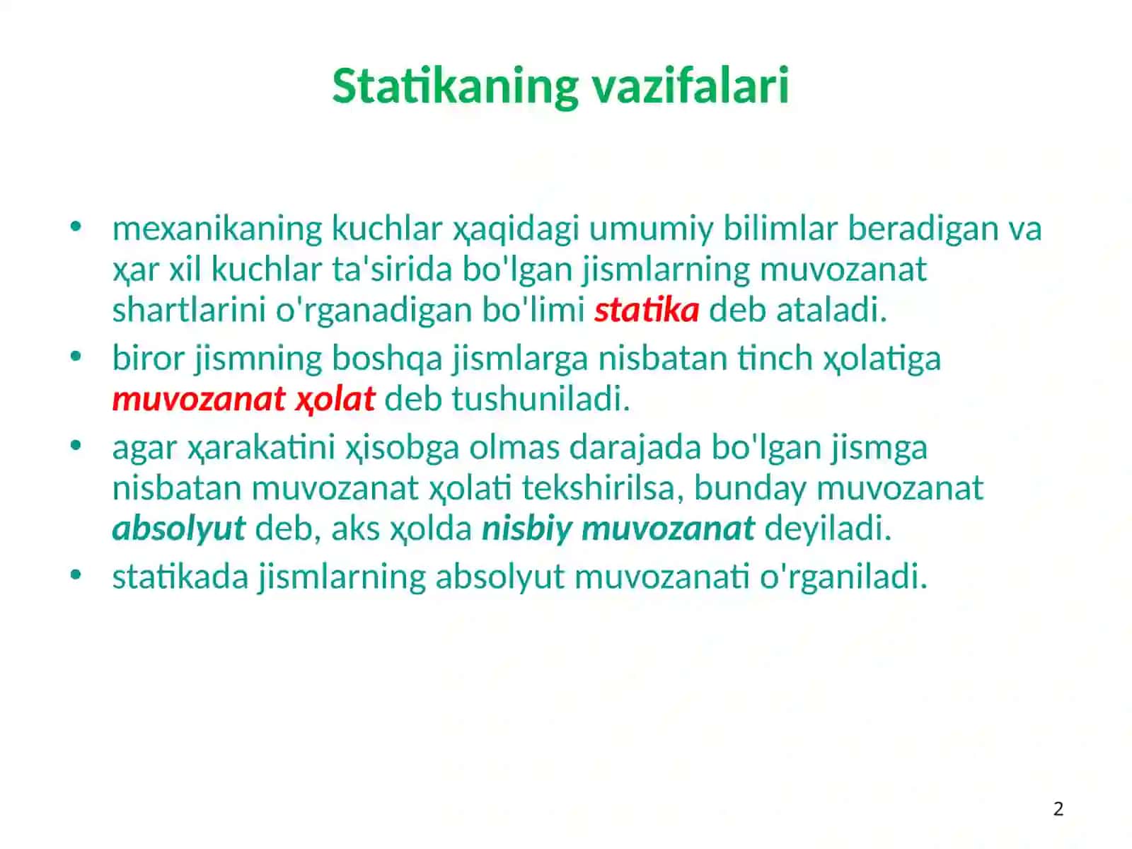 Nazariy mexanika faniga kirish. Kesishuvchi kuchlar sistemasiNazariy mexanika faniga kirish. Kesishuvchi kuchlar sistemasiNazariy mexanika faniga kirish. Kesishuvchi kuchlar sistemasi 2