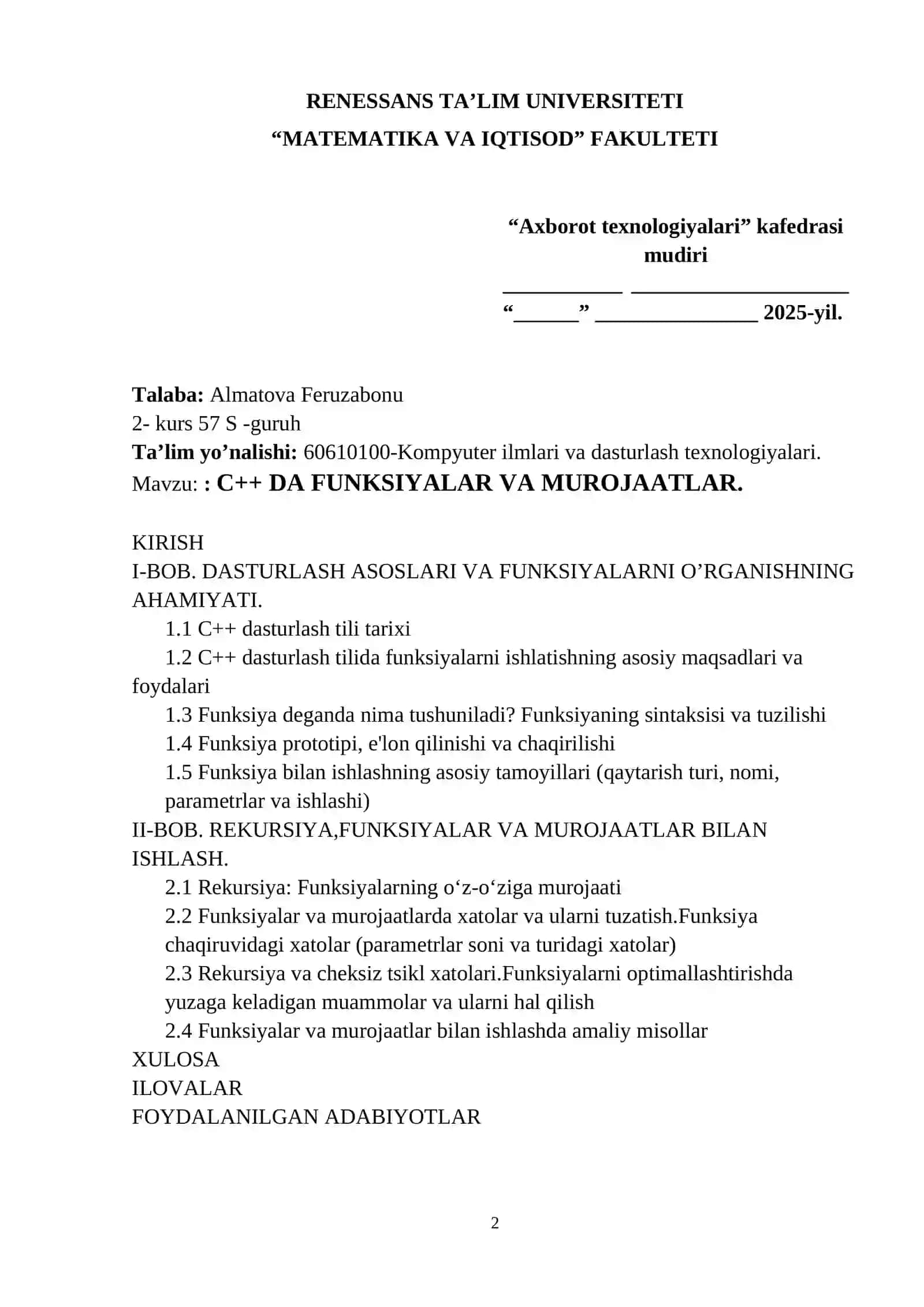 C++ DA FUNKSIYALAR VA MUROJAATLAR 2