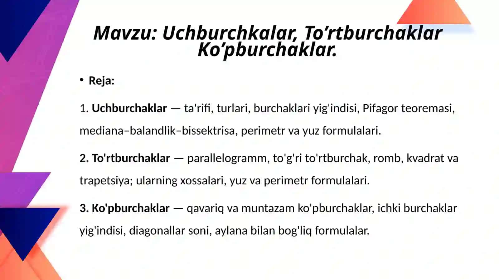 Uchburchkalar, To’rtburchaklar va Ko’pburchaklar 2