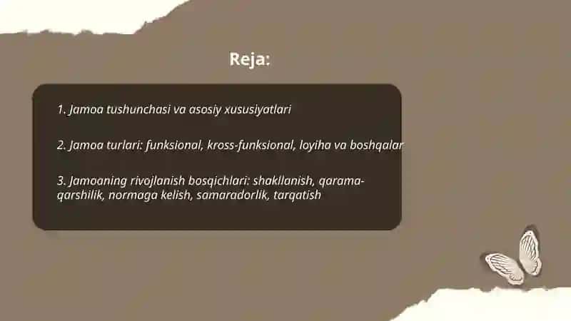 Jamoa haqida umumiy tushuncha. Jamoani tashkil etish metodikasi 2