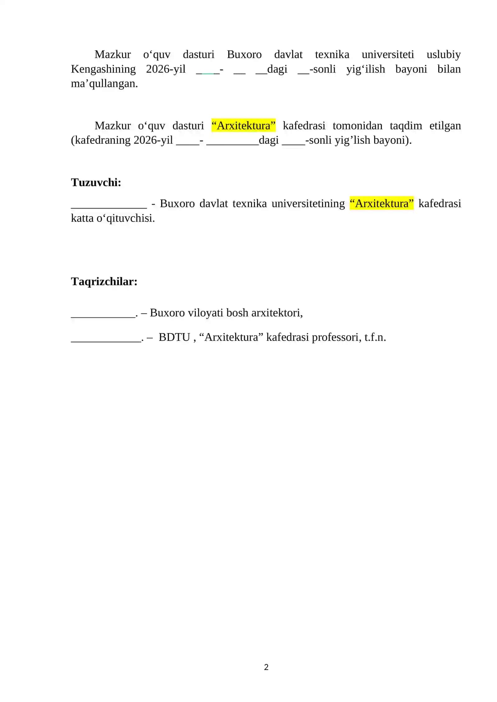 Turarjoy va jamoat binolarini loyihalash fanining o‘quv dasturi.docx 2