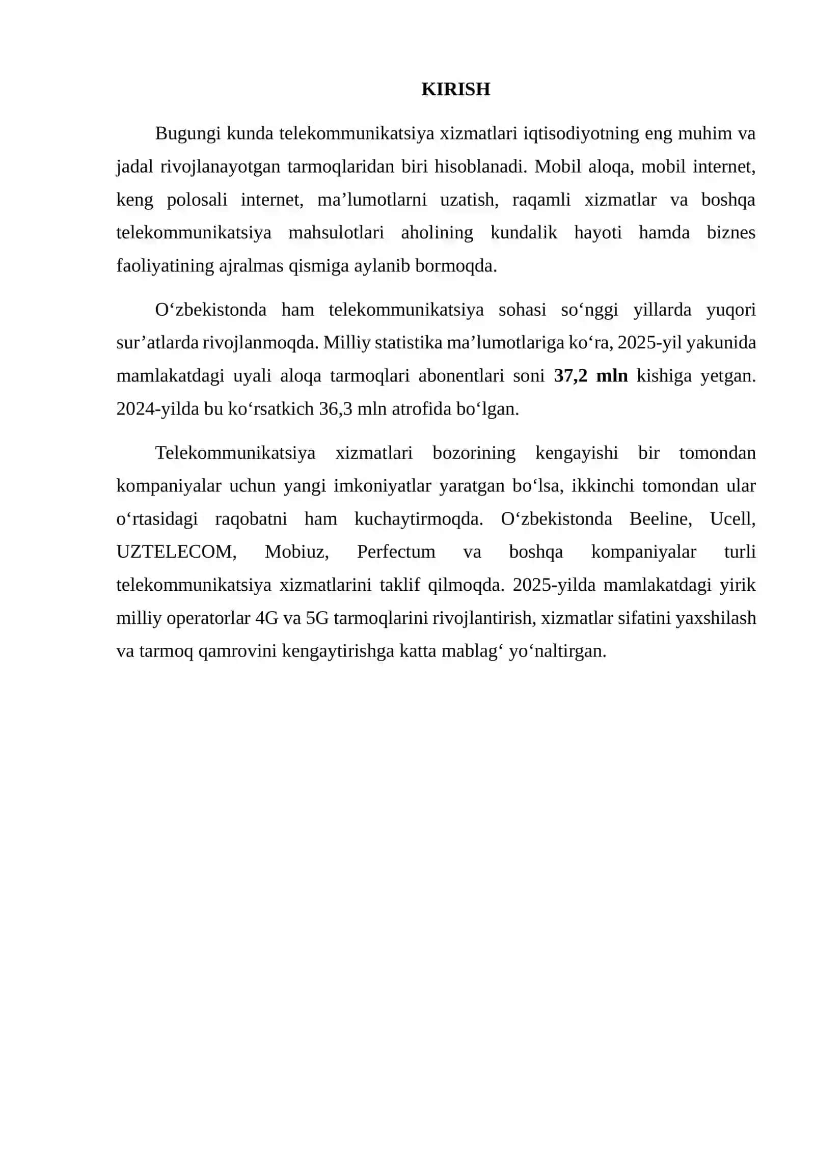 Porterning besh kuch modeli va O‘zbekiston telekommunikatsiya bozori 2