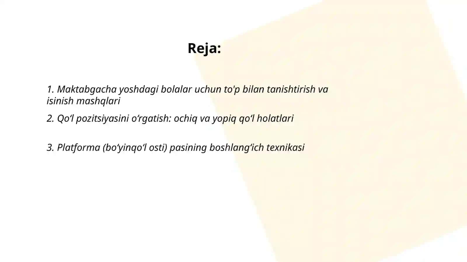 Maktabgacha yoshdagi bolalarga voleybol oʻyinida toʻpni boshqarishning dastlabki texnik usullarini oʻrgatish 2