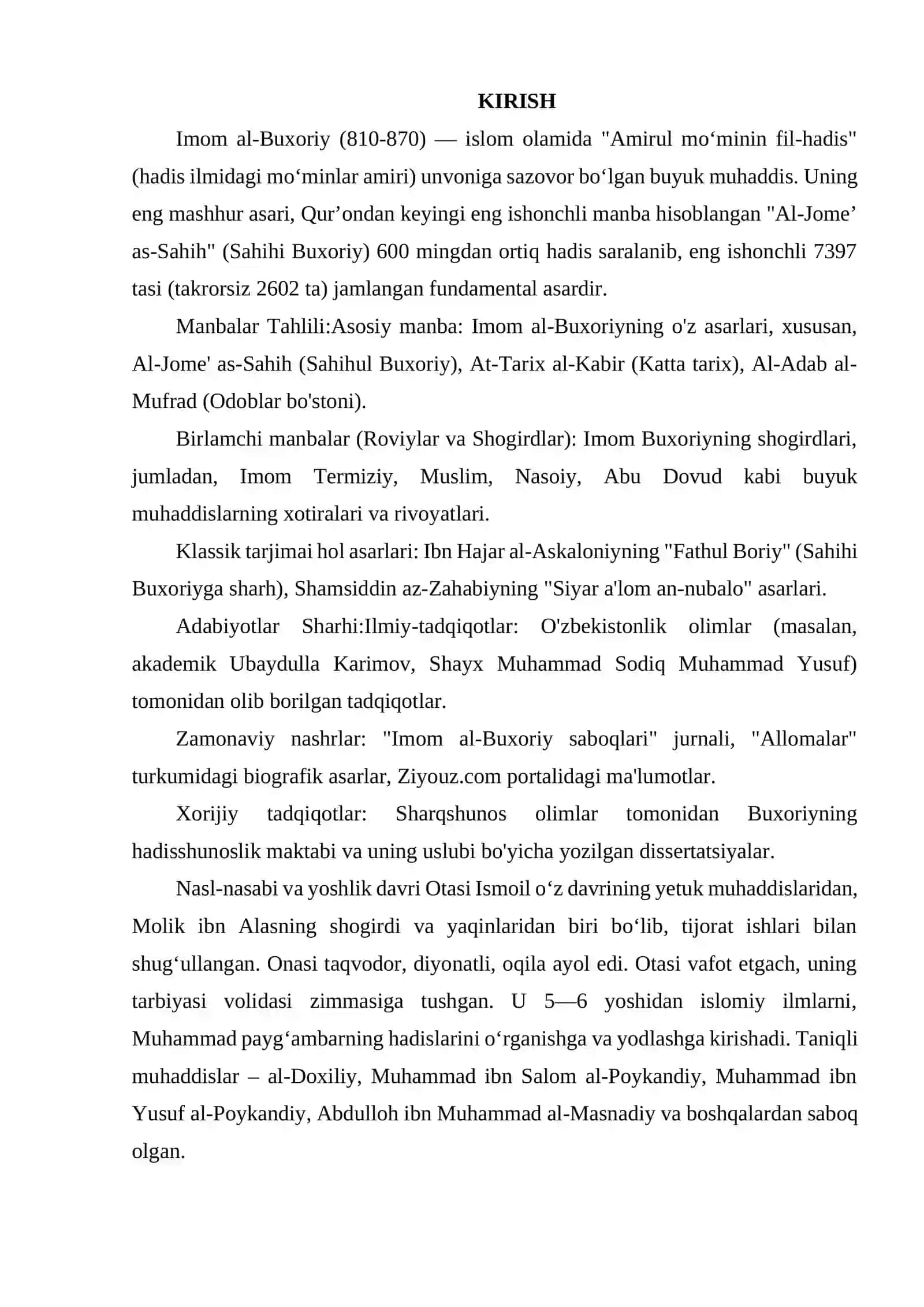 IMOM AL-BUXORIY (810-870) MAVZUSIDA MANBALAR TAHLILI VA ADABIYOTLAR SHARHINI TAYYORLASH 2