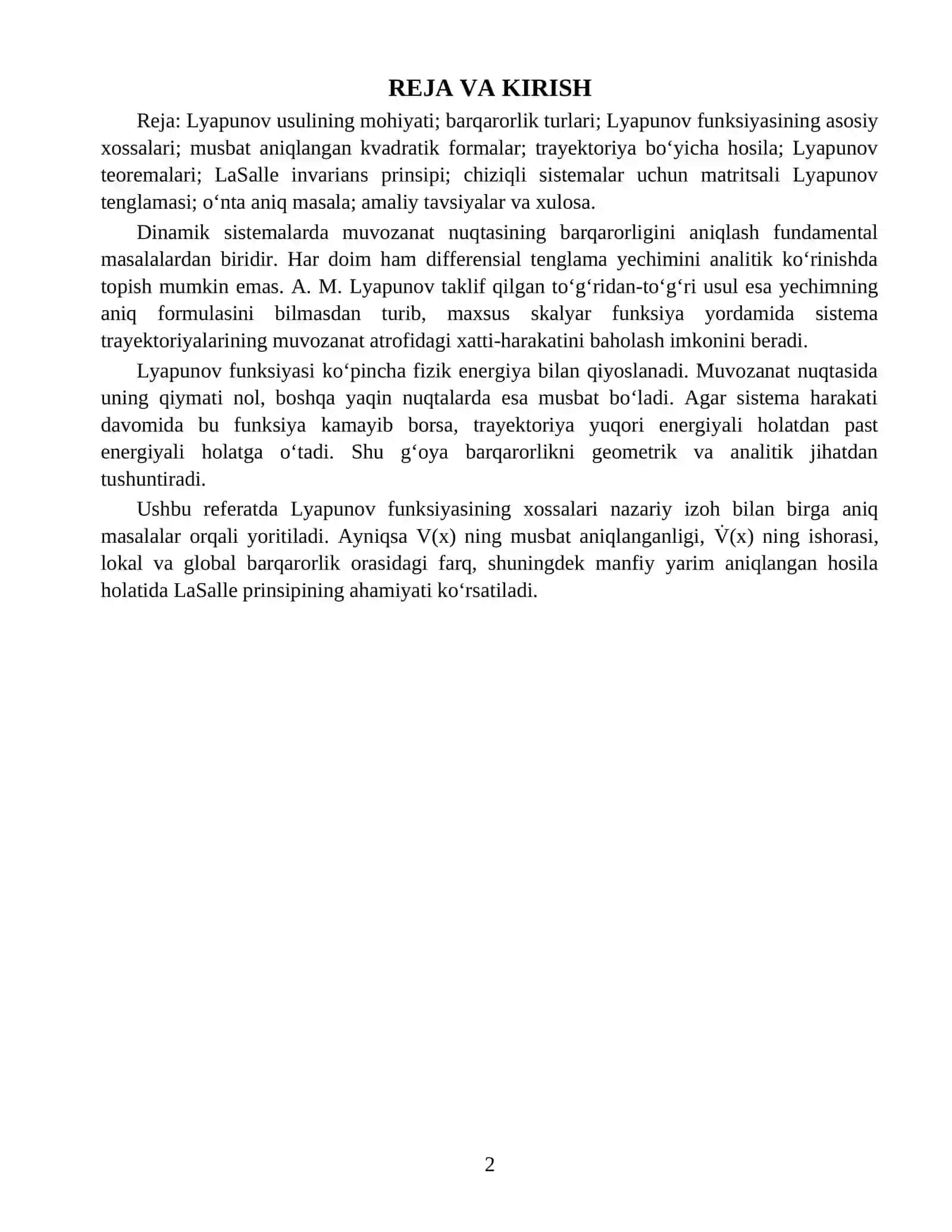 Lyapunov funksiyasining xossalariga tegishli aniq masalalar 2