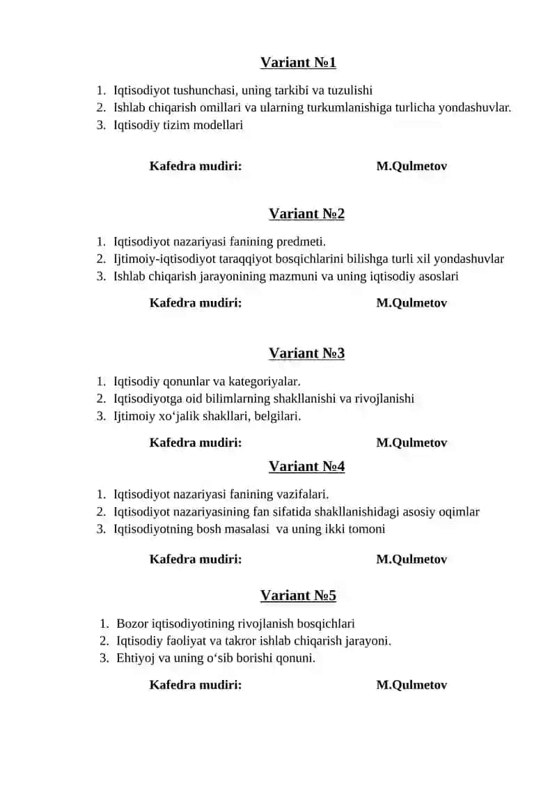 "IQTISODIYOT NAZARIYASI" FANIDAN YAKUNIY NAZORAT SAVOLLARI 2