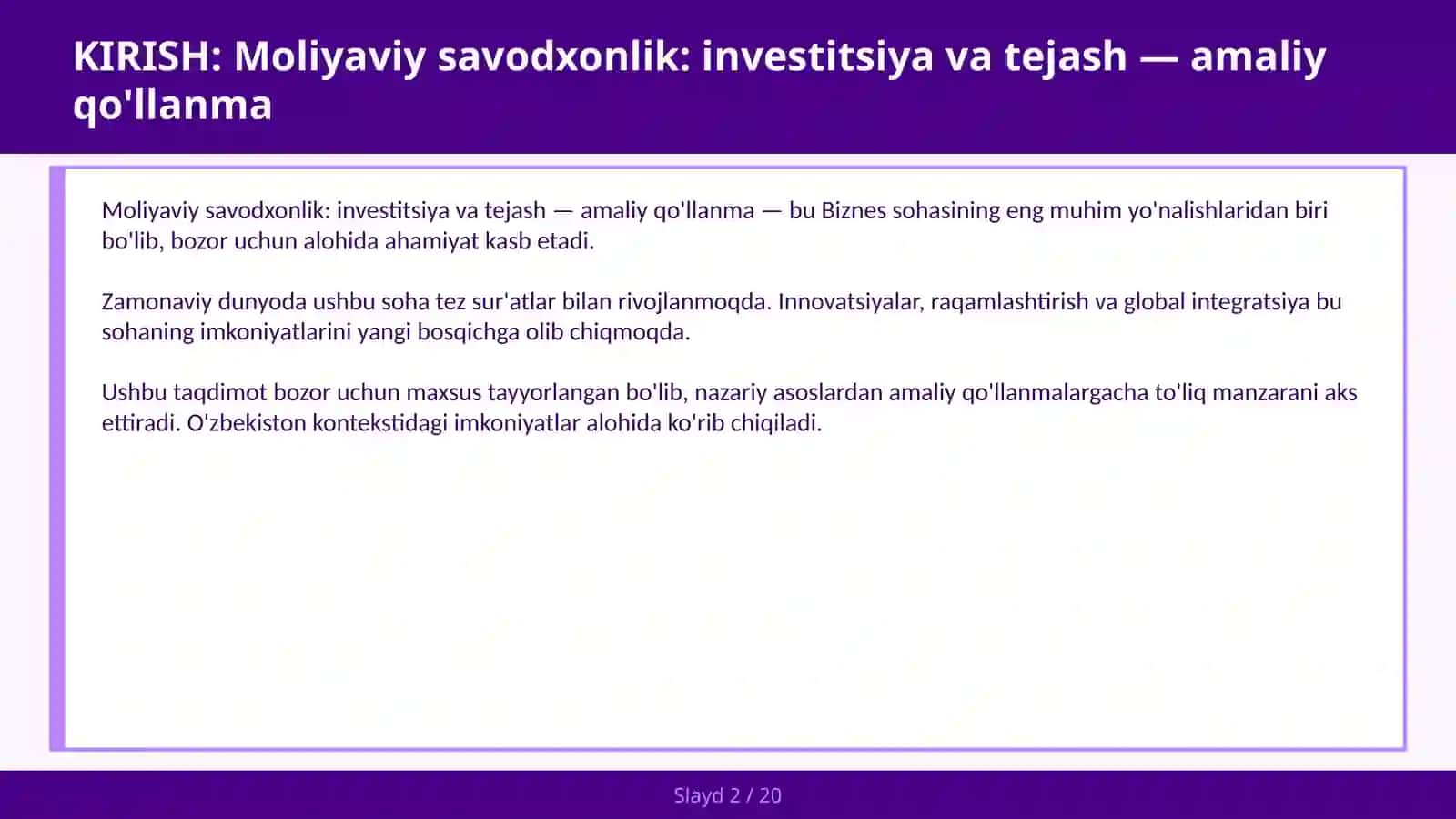 Moliyaviy savodxonlik: investitsiya va tejash — amaliy qo'llanma 2