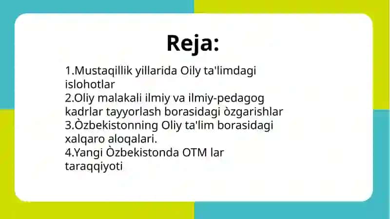 Yangi O'zbekistonda Oliy ta'lim va ilm-fan sohasidagi islohotlar 2