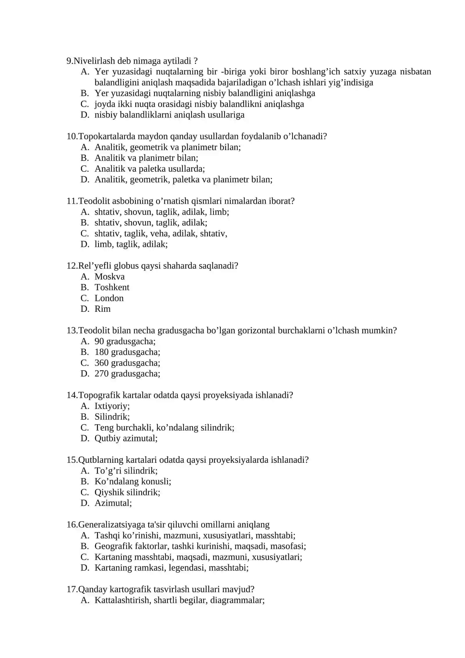 Topografiya, kartografiya va GIS fanidan test savollari 2