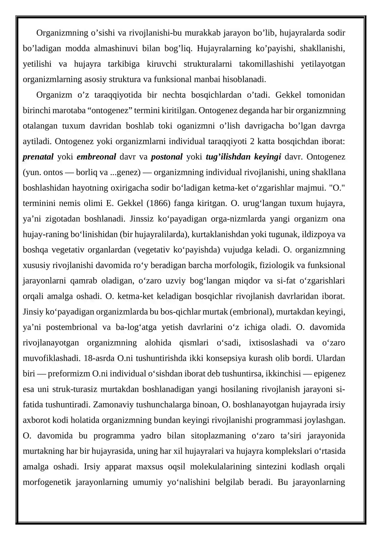 Ontogenez nazariyasi va salomatlik. Odam organizmining individual taraqqiyot qonuniyatlari 2
