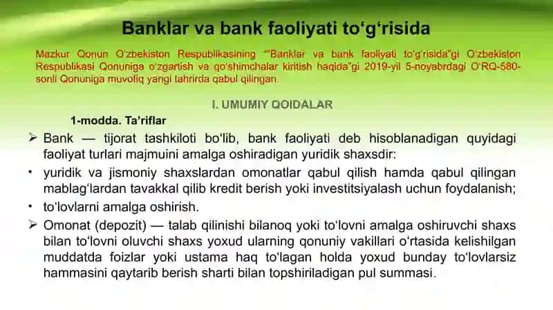 BANKLAR VA BANK FAOLIYAT TO’G’RISIDA QONUN 2