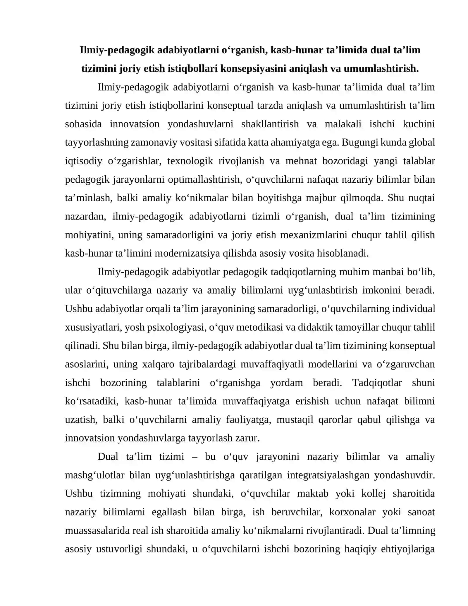 Professional ta’limga dual o‘qitish tizimini tatbiq etish istiqbollari 2