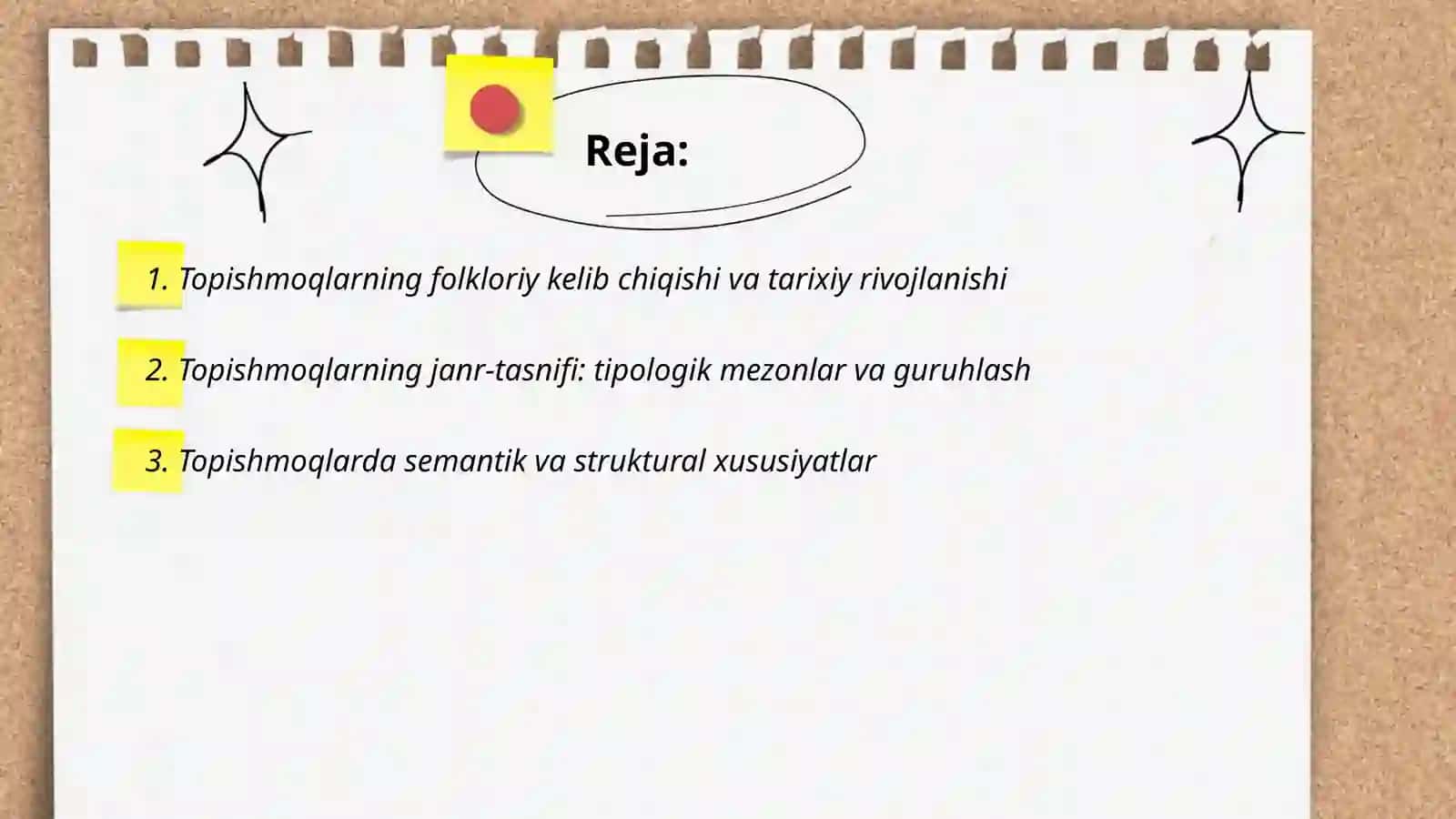 Topishmoqlar va ularning janri tasnifi. Masallarda majoziylik. Tez aytishlarni alleratsion xususiyatlari 2