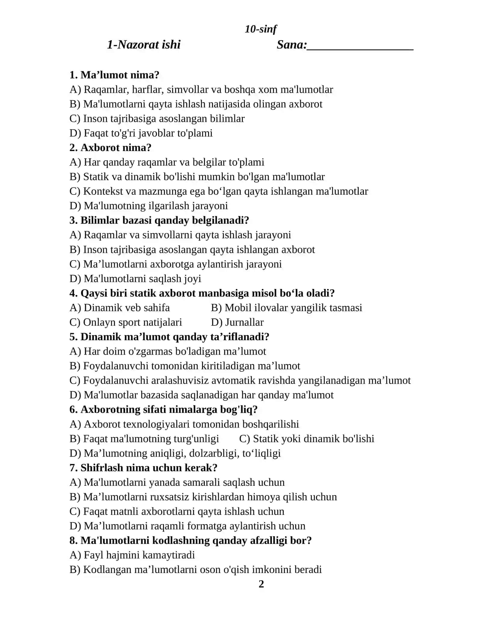 10-sinf Informatika fanidan NAZORAT ISHLAR DAFTARI 2