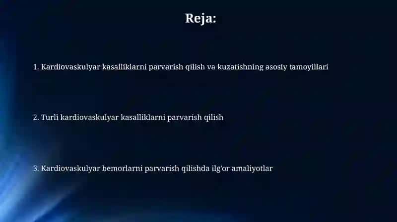 Yurak qon - tomir tizimi kasalliklarida bemorlarni parvarish qilish va kuzatuvi 2