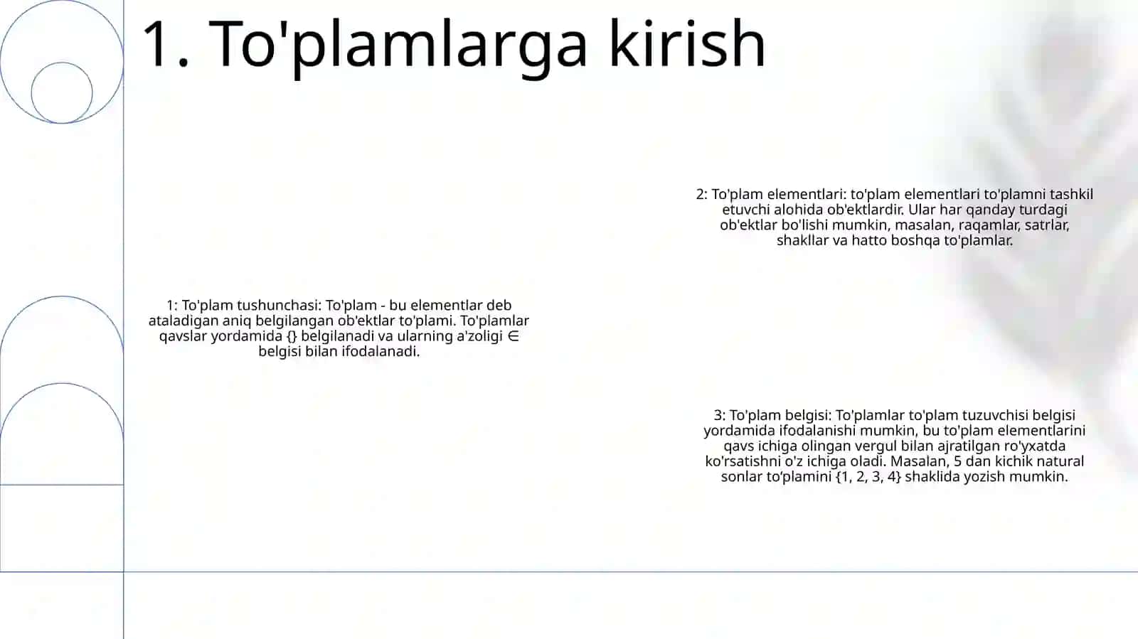 To'plamlar Haqida Asosiy Tushunchalar.Tòplam Tushunchasi.Tòplam Elementlari 2